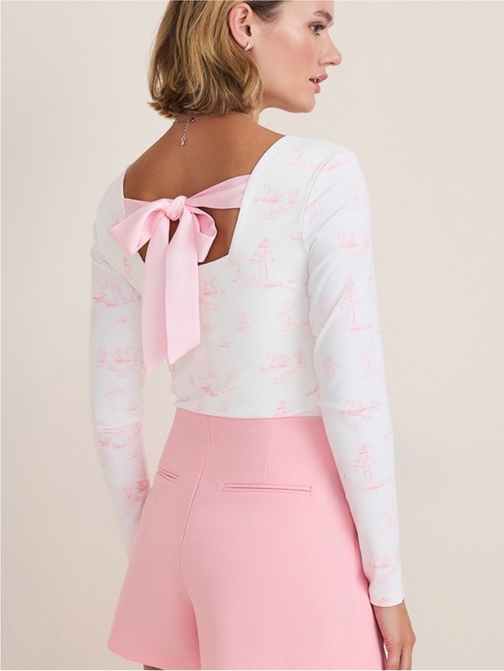 Francesca's Collections Pink & White Bow-Back Long Sleeve Top